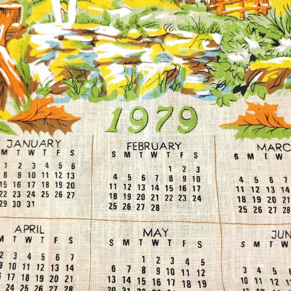 Vintage 1979 Cottage Farmhouse Decor Linen Tea Towel Calendar